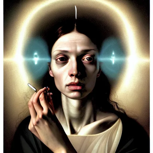 Image similar to Colour Caravaggio style Photography of Beautiful woman with highly detailed 1000 years old face wearing higly detailed sci-fi halo above head designed by Josan Gonzalez. Woman holding cigarette between fingers in her hand, Many details by Caravaggio. . In style of Josan Gonzalez and Mike Winkelmann andgreg rutkowski and alphonse muchaand Caspar David Friedrich and Stephen Hickman and James Gurney and Hiromasa Ogura. volumetric natural light