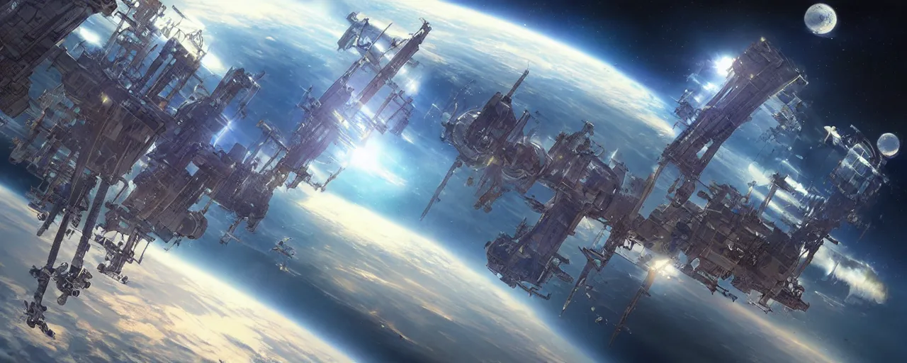 Image similar to spaceship in the sky , space station by Stephan Martiniere, masterpiece , volumetric light