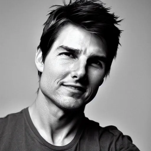 Image similar to a portrait photo of 20 year old tom cruise, with a sad expression, looking forward