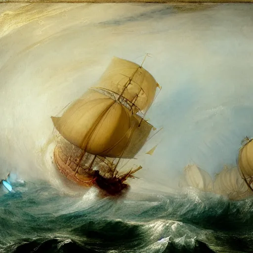 Prompt: giant scaled octopus attacking a sailing fregate on a crazed ocean, by jmw turner