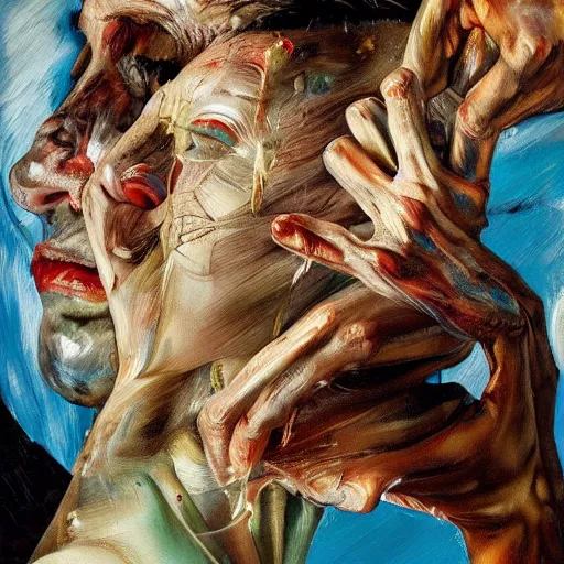 Prompt: high quality high detail painting by lucian freud and jenny saville, hd, psychedelic freak out, turquoise, ambient lighting