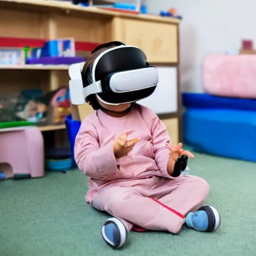 Image similar to A toddler wearing a straight jacket and a vr headset while sitting in a daycare setting, photography