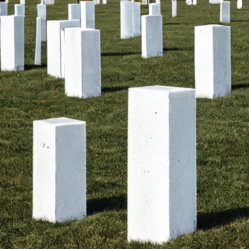 Prompt: color photograph of a line of identical white concrete monoliths standing in a featureless grassy field