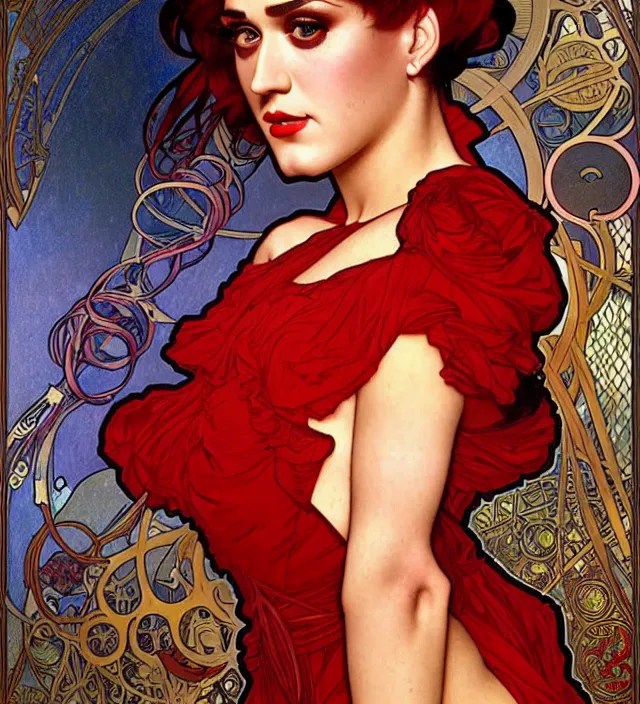 Prompt: realistic detailed portrait of katy perry in a red dress by alphonse mucha, ayami kojima, amano, greg hildebrandt, and mark brooks, art nouveau, neo - gothic, gothic, masterpiece artwork