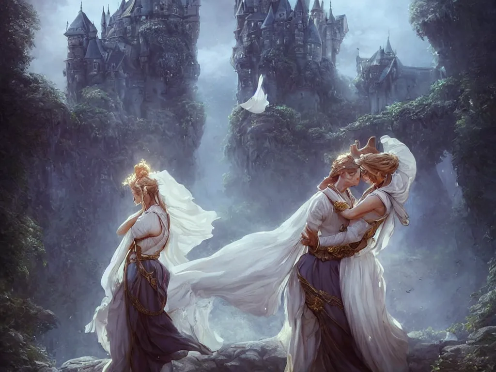 Image similar to beautiful woman in a white blouse hugging an prince, goddess, blurry castle backround, sunny, fine art, awesome fantasy book cover on Pinterest, award winning, dark fantasy landscape, fantasy magic, intricate, elegant, sharp focus, cinematic lighting, highly detailed, digital painting, concept art, art by WLOP and Artgerm and Greg Rutkowski, masterpiece, trending on artstation, 8K