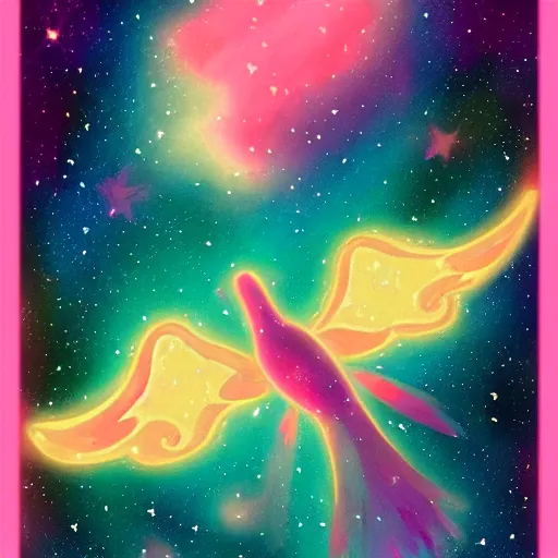 Prompt: a nebula in the shape of a flying bird style of Ghibli