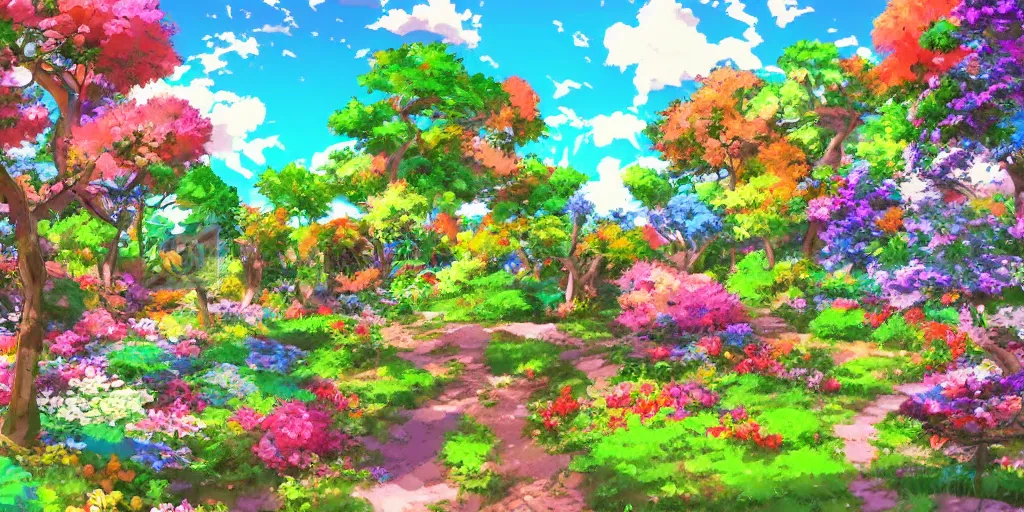 Prompt: a beautiful landscape of multi coloured flowers, trees and bushes. Anime style.