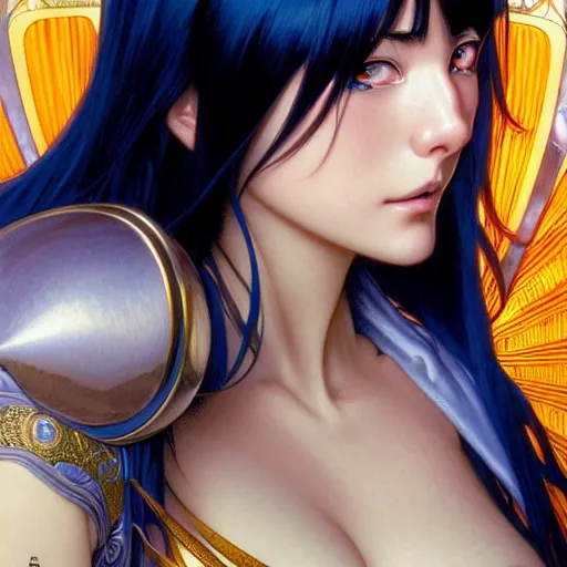 Image similar to highly detailed vfx portrait of nico robin by eiichiro oda!, makoto shinkai, alphonse mucha, masterpriece, art by artgerm and greg rutkowski!, blue eyes!!, large aquiline nose!!, gaston bussiere, stanley kubrick, kaoru mori, intricately detailed, behance, 4 k, hdr