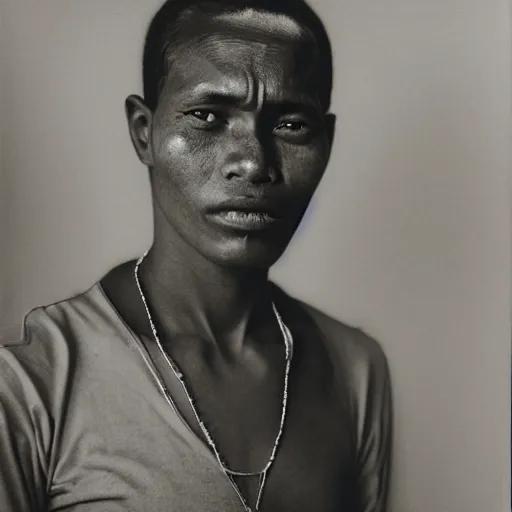 Prompt: A Kenyan-Filipino gas station worker in 3027, portrait, Taschen, by Annie Liebovitz, Robert Mapplethorpe, Hedi Slimane