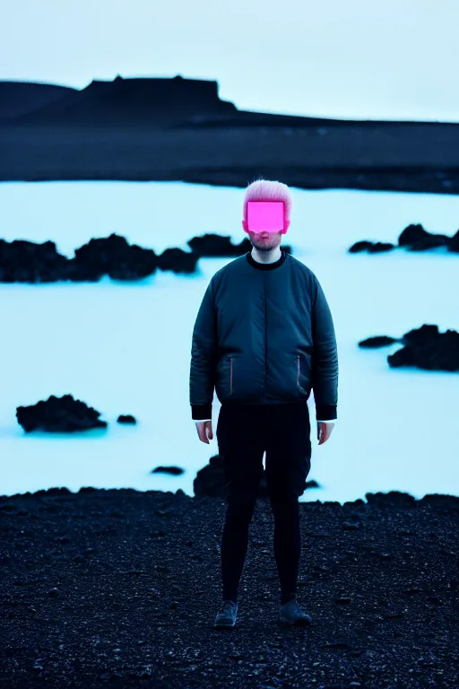 Prompt: high quality pastel coloured film wide angle selfie photograph of a plain looking cute looking male with cyber enhancement standing in an icelandic black rock environment. sarcastic expression. three point light. photographic. art directed. pastel colours. volumetric light. stark. waves. 8 k. filmic.