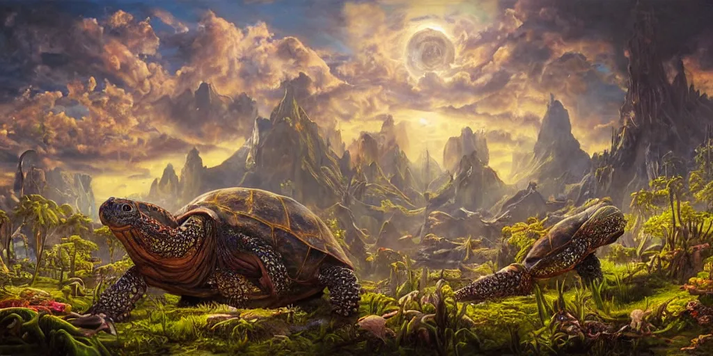 Image similar to fantasy oil painting, great leviathan, cybernetic turtle cephalopod terrapin reptilian pachyderm squid, bella hadid, hybrid, milla jovovich, anubis, epic natural light, lush plants flowers, spectacular mountains, bright clouds, luminous sky, outer worlds, golden hour, michael cheval, edward hopper, michael whelan, vray, hd