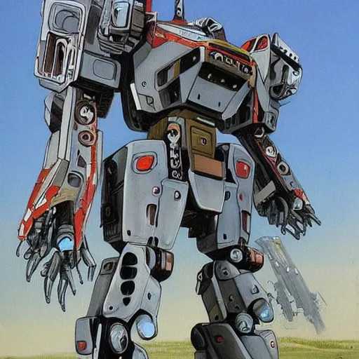 Image similar to a beautiful painting of a large battle mech equipped with many chainsaws by moebius