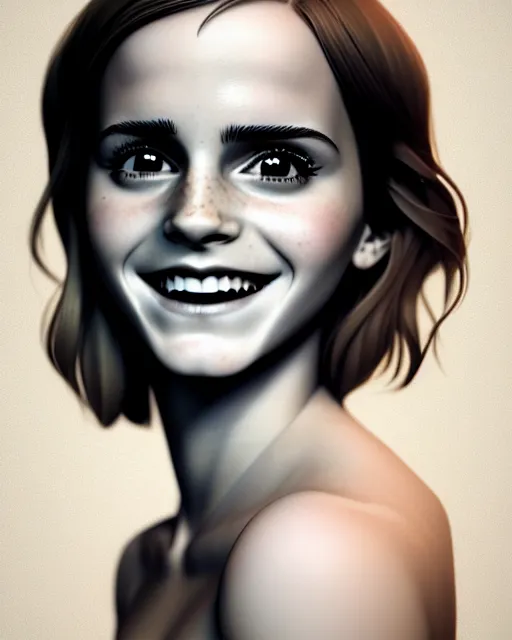 Image similar to beautiful full body Emma Watson smiling illustration by lois van baarle and loish and ross tran and rossdraws and sam yang and samdoesarts and artgerm and Cecil Beaton, Lee Miller, Irving Penn, David Bailey, 3D unreal 5, DAZ, hyperrealistic, octane render, cgsociety, Photolab, Lightroom, 4K, Dolby Vision, Photography Award