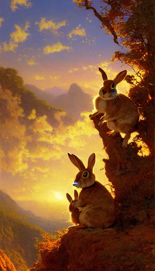 Image similar to hyper realistic rabbit looking off of a cliff, sun setting behind rabbit, lush forest in valley below, painted by gaston bussiere, craig mullins, j. c. leyendecker 8 k