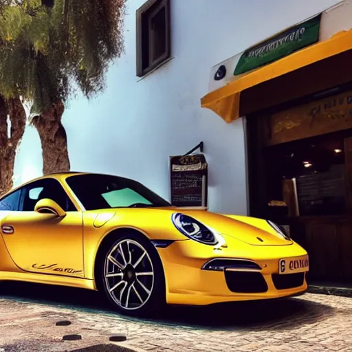 Prompt: Photo of a copper yellow Porsche 911 Carrera 3.2 parked in front of a cafe in Cyprus, daylight, dramatic lighting, award winning, highly detailed
