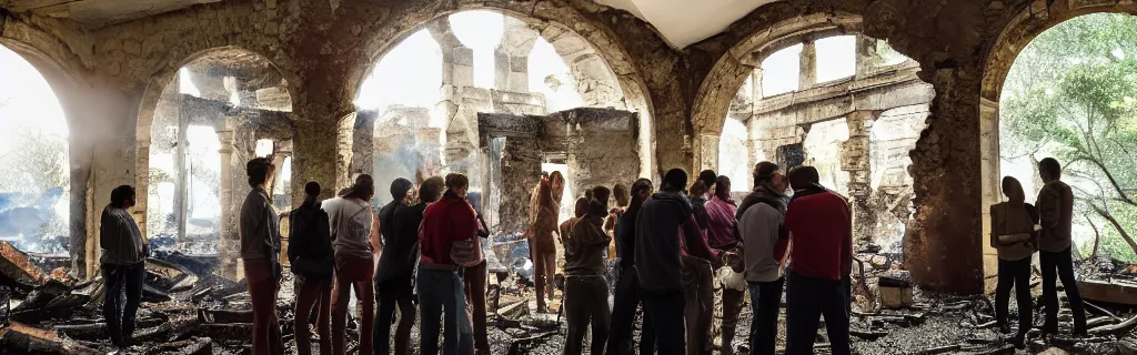 Prompt: group huddled around a fire in a decaying building with the world outside overgrown and in ancient architecture ruins from a higher perspective with dramatic lighting