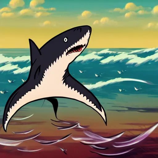Image similar to shark with bird wings breaching water surface to eat surprised pancake person, cartoon, studio ghibli, manga, anime