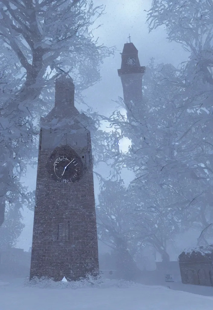 Image similar to arusha's clock tower covered in snow fantasy, trending on artstation, digital art.