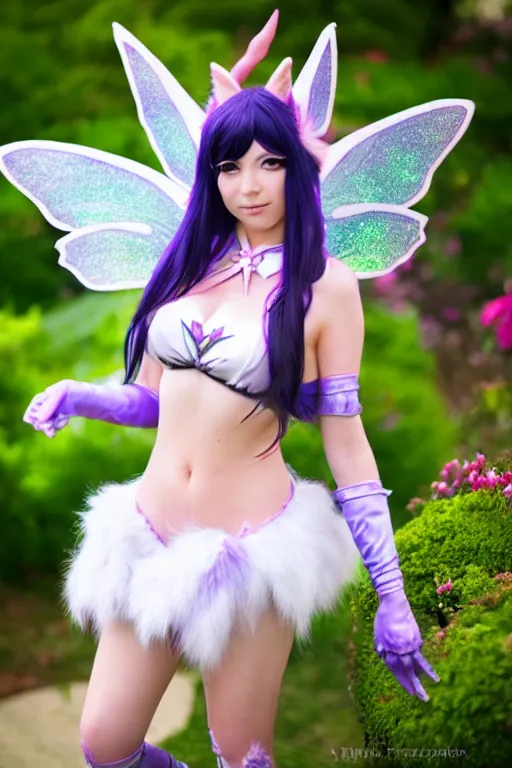Image similar to a highly detailed and realistic photo of the ahri fairy cosplay on a garden, artstation, 4 k, correctly anatomy, good light