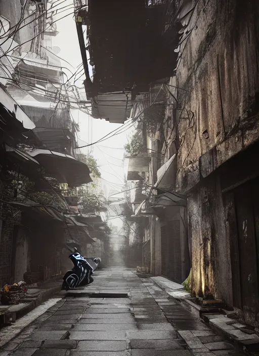 Image similar to hanoi alleyway, unreal engine 5, keyshot, octane, artstation trending, ultra high detail, ultra realistic, cinematic, 8 k, 1 6 k, in style of zaha hadid, in style of nanospace michael menzelincev, in style of lee souder, in style of photogrammetry cloud, in plastic, dark, tilt shift