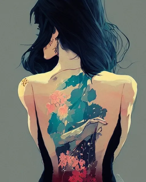 Image similar to a ultradetailed beautiful back painting of a stylish woman, she is wearing a black tank top and jeans, by conrad roset, greg rutkowski and makoto shinkai trending on artstation