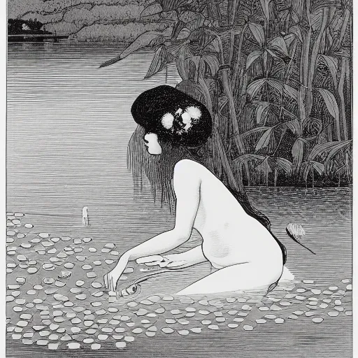 Image similar to A girl bathes in a lake where water lilies are floating, lithography by Aubrey Beardsley, High definition, detailed,