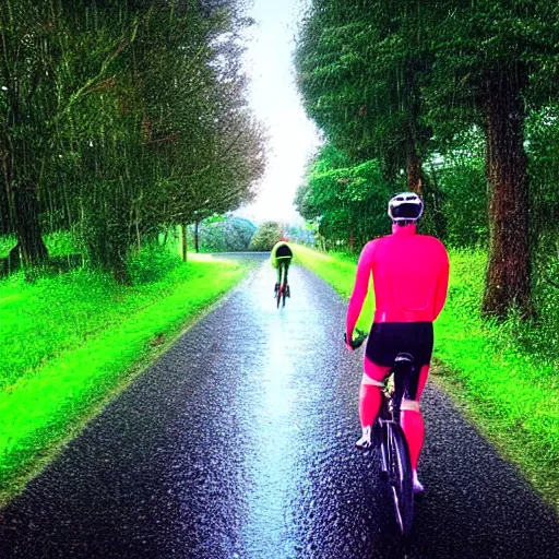 Prompt: “a middle aged man in Lycra cycling gear wearing a day-glo cycling helmet walking along a country road in the rain with a bent bicycle wheel in his hand, hyper realistic, 4K”