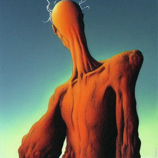 Prompt: A Character by Zdzisław Beksiński and Peter Elson