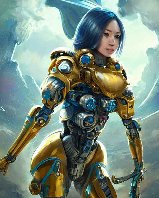 Image similar to holy cyborg girl with golden armor, elegant, scifi, jetpack, alien world, futuristic, utopia, garden, colorful, lee ji - eun, illustration, atmosphere, top lighting, blue eyes, focused, artstation, highly detailed, art by yuhong ding and chengwei pan and serafleur and ina wong