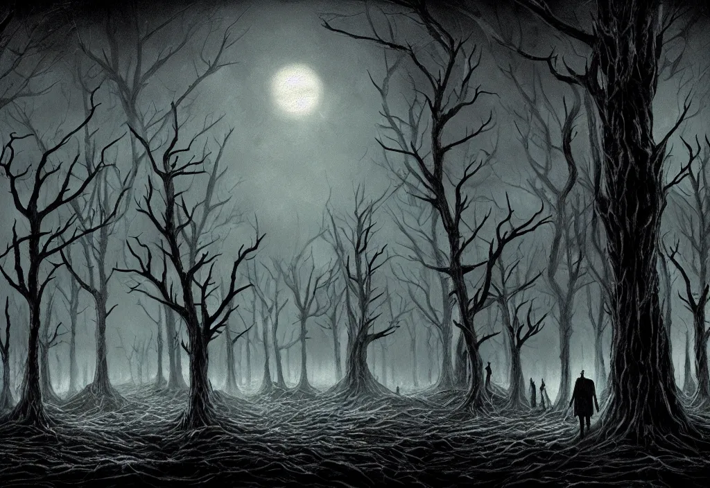 Image similar to folk horror illustration of the unknown nightmare place with the dead pines, horrifying nightmare forest at night, under a dead moon, 8k resolution artwork, horror art, eerie, creepy, trending on artstation, painting, elaborate excellent painted illustration, smooth, sharp focus