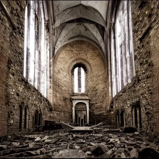 Image similar to “a ruined church open to space and stars”