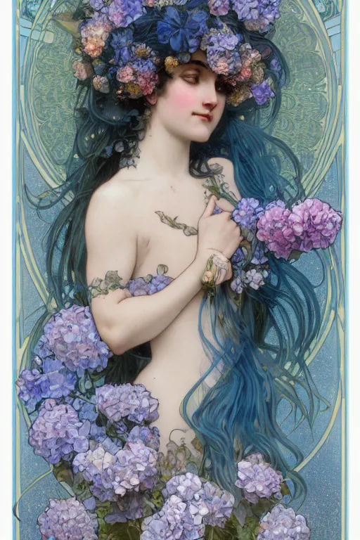 Prompt: blue hair goddess of light in hydrangeas flowers and rose, alphonse mucha and jean - baptiste monge style, painterly, highly detailed, 8 k