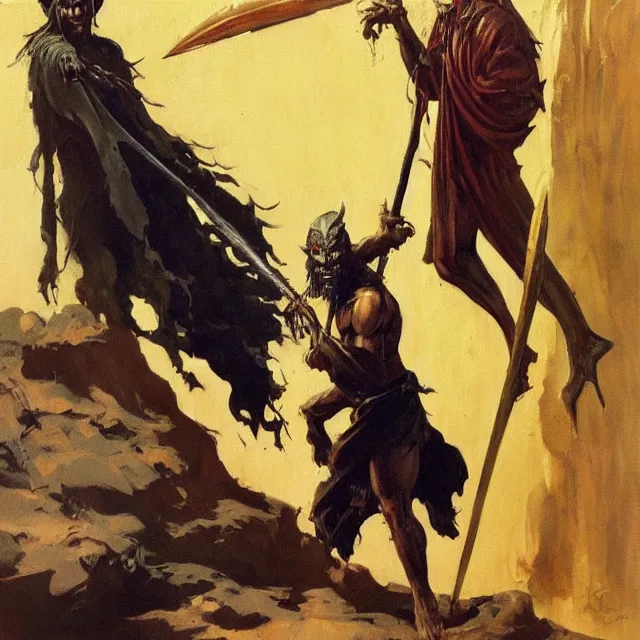 Image similar to highly detailed frank frazetta painting of robed evil lanky disheveled artist sorcerer holding scimitar in arabian surroundings