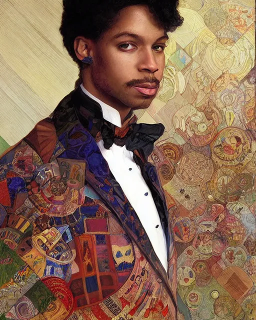 Prompt: portrait of a Prince Rogers Nelson by Mandy Jurgens and Richard Schmid and chuck close and mucha