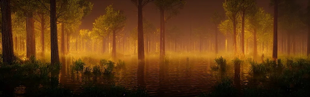 Image similar to fantasy forest of glowing trees and glowing flying insects, a lake reflecting the lights, myst on the air, cinematic feel, hyper realistic, high detail, blender render .