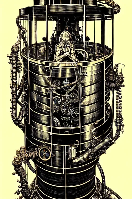 Image similar to steampunk cryo chamber containing a humanoid, high details, intricately detailed, by vincent di fate, inking, 3 color screen print, masterpiece, trending on artstation,, sharp, details, hyper - detailed, hd, 4 k, 8 k