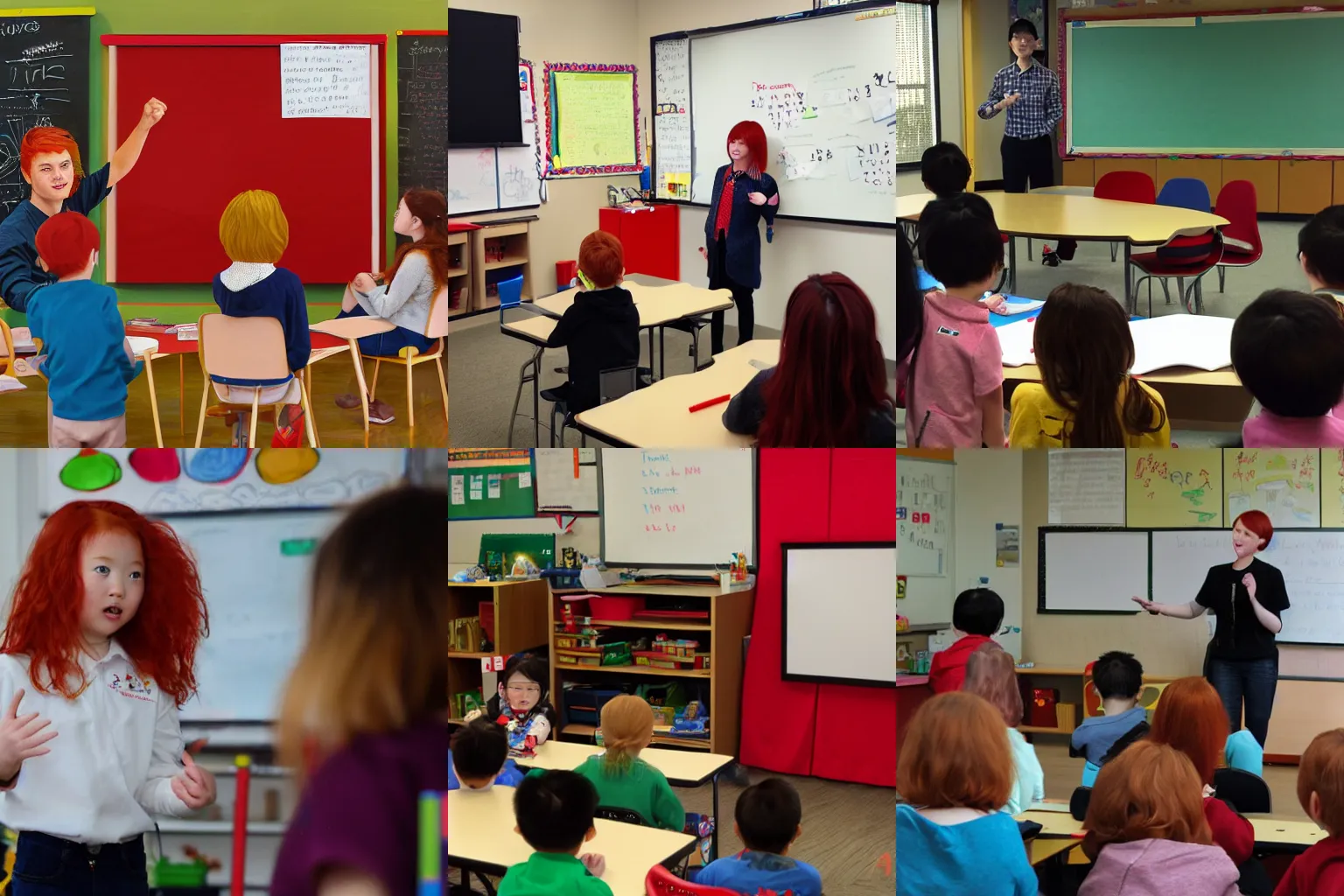 Prompt: a red headed child giving a presentation in a classroom by sam yang, loish