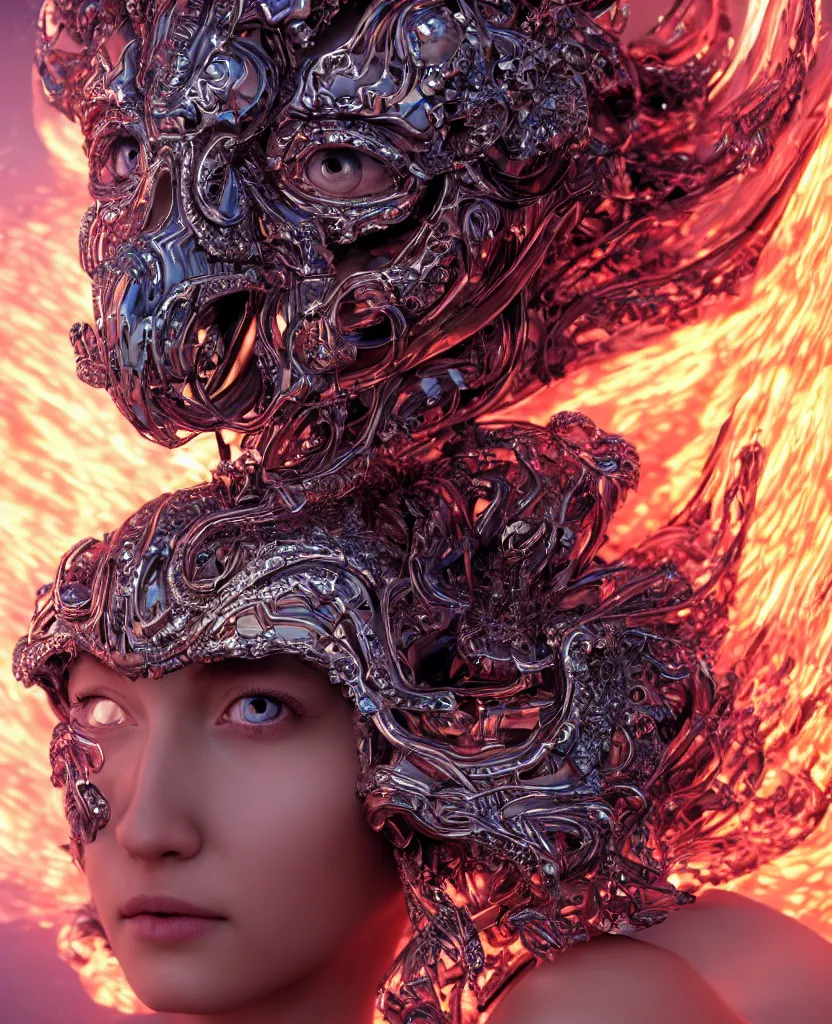 Image similar to close-up macro portrait of the face of a beautiful princess with animal skull mask, epic angle and pose, symmetrical artwork, 3d with depth of field, blurred background, cybernetic jellyfish female face skull phoenix bird, translucent, nautilus, energy flows of water and fire. a highly detailed epic cinematic concept art CG render. made in Maya, Blender and Photoshop, octane render, excellent composition, cinematic dystopian brutalist atmosphere, dynamic dramatic cinematic lighting, aesthetic, very inspirational, arthouse. y Greg Rutkowski, Ilya Kuvshinov, WLOP, Stanley Artgerm Lau, Ruan Jia and Fenghua Zhong