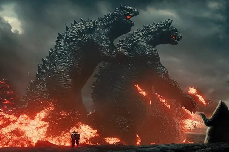 Image similar to two godzillas sitting in the living room couch playing playstation, cinematic, epic lighting, still shot from the new godzilla movie