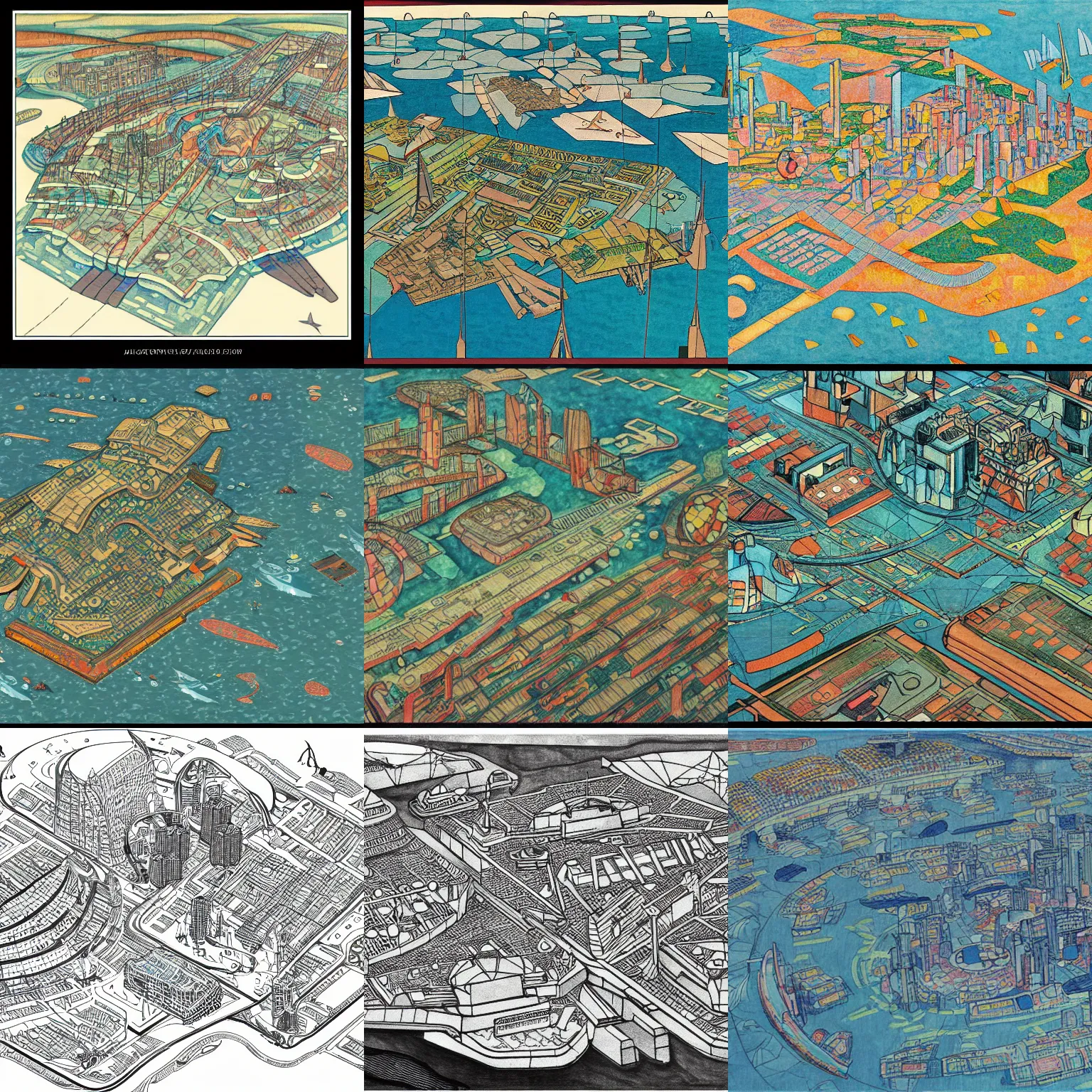 Prompt: an annotated map of a futuristic city located in an island surrounded by water with a few flying ships stationed around it, in the style of diego rivera schiele, full color, axonometric view