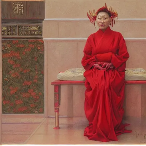 Image similar to portrait of an east asian priestess, dressed in red, by donato giancola.