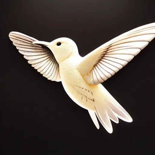 Image similar to intricate hummingbird carved from ivory, bioluminescent, photograph, studio lighting