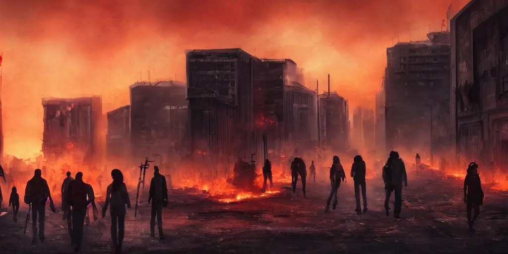 Prompt: post apocalyptic city with burning red sky with people on the streets