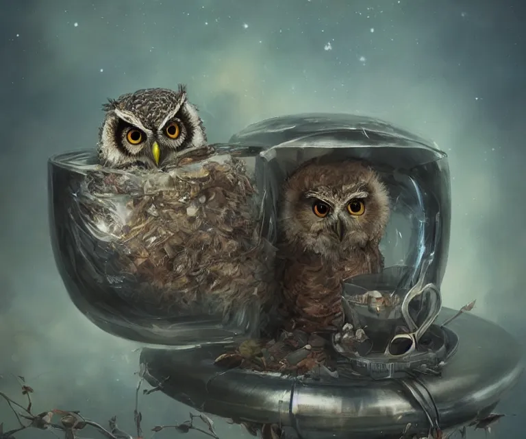 Image similar to long shot of a very cute owl chick nesting in a very futuristic cup, esao andrews, humorous illustration, hyperrealistic, big depth of field, warm colors, night scenery, low light, 3 d octane render, 4 k, conceptart, hyperdetailed, hyperrealistic, trending on artstation