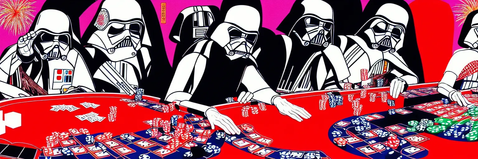 Image similar to hyperrealism composition of the detailed woman in a japanese kimono sitting at an extremely detailed poker table with darth vader and stormtrooper, fireworks on the background, pop - art style, jacky tsai style, andy warhol style, acrylic on canvas