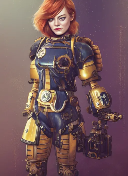 Image similar to emma stone as a steampunk space marine, au naturel, hyper detailed, digital art, trending in artstation, cinematic lighting, studio quality, smooth render, unreal engine 5 rendered, octane rendered, art style by klimt and nixeu and ian sprigger and wlop and krenz cushart.