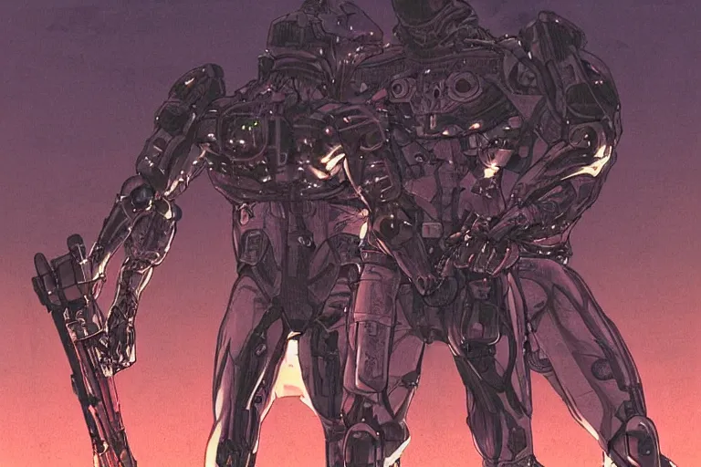 Prompt: cyborg military soldier in nanosuit with epic biological muscle augmentation, at dusk, a color illustration by tsutomu nihei, makoto kobayashi