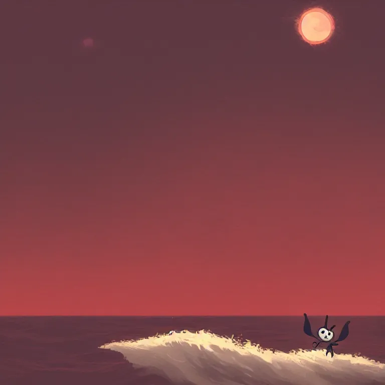 Image similar to cute creature looking at the sea with a red moon reflecting in the waves, night, low angle, in the style of Hollow Knight