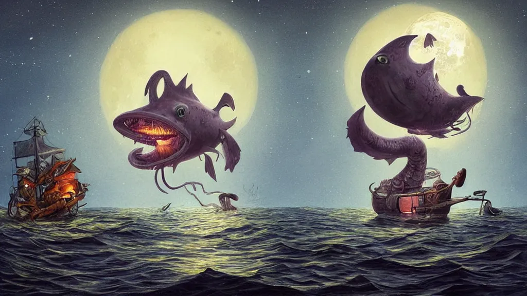 Prompt: a giant!!!! anglerfish!!!! at the surface of the water meets a lantern - holding!!!! sailor!!!! on a sloop, background with large full moon and purple sky, in the styles of tom coletti, jorge jacinto, and thomas veyrat intricate, accurate details