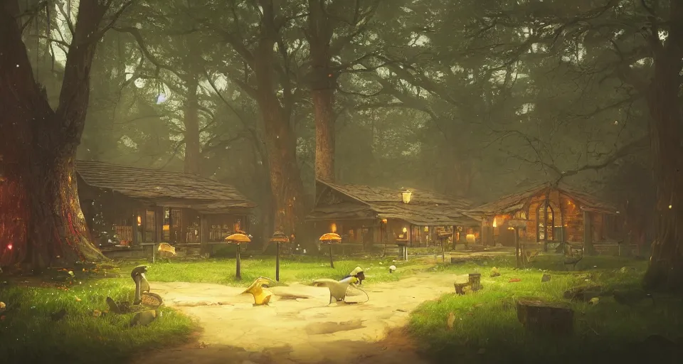 Prompt: A landscape with a quiet tavern in the middle of a forgotten magical forest, large trees, mushrooms, warm lighting, inviting, enchanting, rendered by simon stålenhag, rendered by Beeple, Makoto Shinkai, syd meade, environment concept, digital art, unreal engine, 3 point perspective, WLOP, trending on artstation, low level, 4K UHD image, octane render,